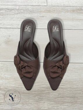 Cosy Island Brown Knit Pointed Toe Bow Mule Kitten Heels Size 8 Slide Pumps